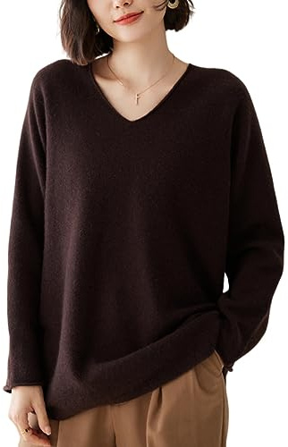 DISSA Pull Cachemire Femme Col V Lisse Épaules Tombantes,Marron,42