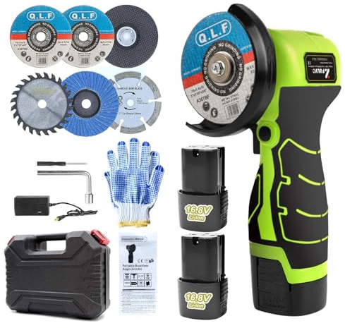 ZFULVO Cordless Brush Angle Grinder Kit, 19500rpm Mini Electric Angle Grinding Tool with 2pcs 16.8V 2000mAh Batteries and 6-Cutting Discs, Grinder Handheld Cutter for Metal Wood