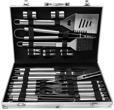 Lehmann LGAGA-YAN006 Set d'ustensiles de barbecue dans un coffret, 26 accessoires de barbecue en acier inoxydable, accessoires de barbecue dans un coffret en métal, kit de barbecue de haute qualité,