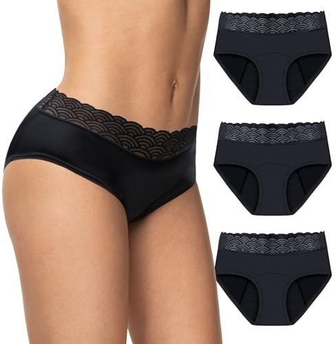 Feel Natural - Pack 3 Culottes Menstruelle - Sous Vêtement Femmes , Culotte de Regle Lavable Anti Fuite - Confort Hygiénique, Protection Absorbante Sans Couture - Dentelle - Noir - Taille L