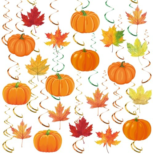 Augisteen 30 Pcs Fall Pumpkin Maple Leaf Hanging Swirls Autumn Swirls Streamers Thanksgiving Ceiling Hanging Decorations for Home Autumn Thanksgiving Harvest Decor Party Decor