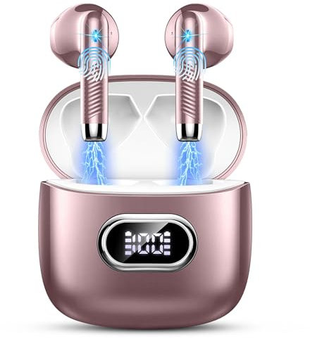 Drsaec Cuffie Bluetooth 5.4, Auricolari Bluetooth Stereo HiFi con 4 ENC Mic, Cuffie Wireless Ricarica USB-C, Cuffie Senza Fili 42H LED Display, In Ear Cuffiette IP7 Impermeabili per Androide/iOS Rosa