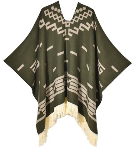Iris Sprite dampullover poncho etnisk stil poncho för kvinnor tofsar stickade sjalar och sjalar capes, Denimgrön, one size