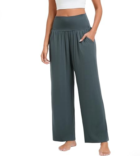 Stamain Pantalon Palazzo Femme Ample Fluide Extensible Taille Haute Jambe Large Pantalon de Yoga Décontracté été avec Poches Gris foncé 2XL