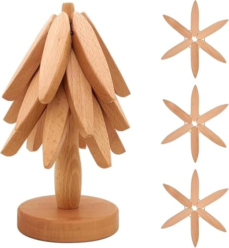 Set med träunderlägg för träkonst, fällbara underlägg i bambu, träunderlägg i walnuss med isoleringsmatta (B-Naturligt-3 underlägg)