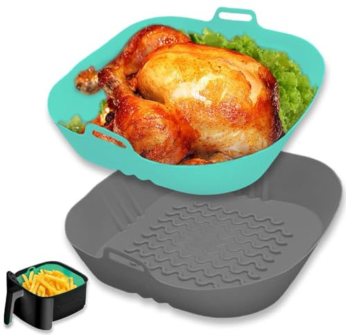 Echehi 2 pezzi Teglia Silicone Friggitrice ad Aria, Teglia per Friggitrice ad Aria da 20,5cm Riutilizzabile. Accessori Friggitrice ad Aria COSORI, Ninja, Tower. Verde Grigio
