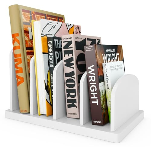 Desktop Bookshelf, 4-Slot Table Top Recipe Book Shelf, 32x20x8cm Bamboo Binder Holder Stand, Mini Universal Organiser Desk Rack, Suitable for Kitchen & Bedside & Office (White)