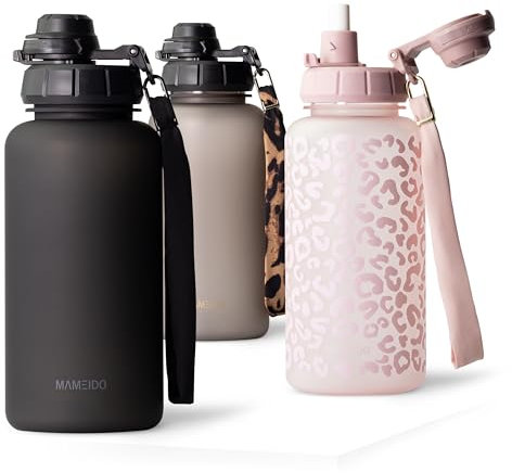 MAMEIDO Trinkflasche 1l mit Strohhalm & Zeitmarkierung als Trinkerinnerung, Wasserflasche auslaufsicher, Sportflasche BPA-frei, Gym Water Bottle, Flasche aus Tritan (Rich Black, 1000ml)