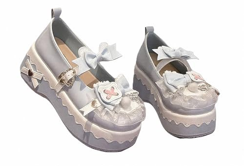 FQLGJMY Zapatos De Cuero Estilo Lolita Mary Jane para Mujer Estilo Gótico Punta Redonda Tacón De Plataforma Grueso Lazo De Encaje Estilo Punk Rock Estilo Kawaii con Vestido De Princesa Burbuja JK