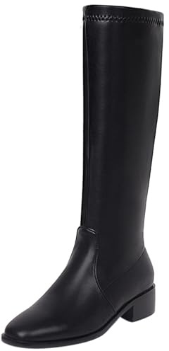 Gicoiz Punta Quadrada Rodilla Comodo Botas de Montar Mujer Tacón Bajo Invierno Warm Equestrian Casual Stretch Booty Zip Negro/Rl Talla 38 EU-39Cn