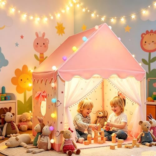 eSynic Tente de Jeu Enfants Interieur avec Guirlande Lumineuse LED Support Métallique Tipi Enfant 100×120×130cm Maison de Jeu pour 1 à 3 Garçons Filles pour Le Salon ou la Chambre à Coucher