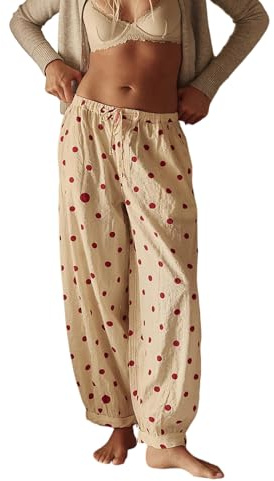 Womens Free Polka Dots Print Slips People FP Dupes On Repeat Pj Pants Y2K Going Out Streetwear Elastic Wasit Baggy Drawstring Lightweight Pantaloons Loose Fit Cuffed Long Bloomers Pajamas Bottoms