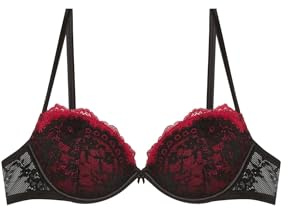 YAMAMAY - Reggiseno Balconcino con Ferretto Donna Nero e Rosso,Decoro Floreale, 87% Poliammide 13% Elastan