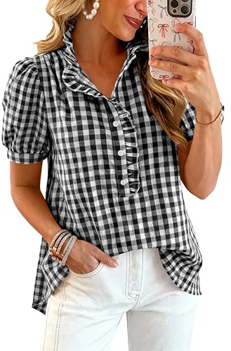 MASCOMODA Womens Puff Short Sleeve Summer Tops Striped Plaid Ruffle V Neck Button Down Shirts Business Casual Work Blouses(Plaid Black White,Small)