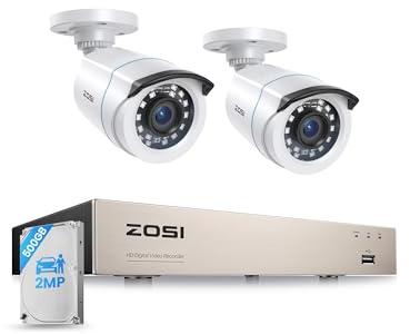 ZOSI 1080P Kit Cámaras de Vigilancia 2 Cámara Seguridad Cableada Interior/Exterior con 8CH 2MP DVR Sistema CCTV 500GB Disco Duro para Hogar y Negocio, Detección y Alarma de Personas, Visión Nocturna