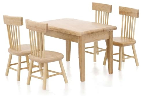 Wooden Dolls House Furniture Set of Table & Chair, Miniature Dollhouse Accessories 1/12 Scale