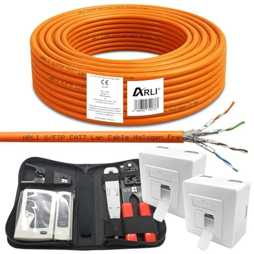 ARLI CAT 7 50m Verlegekabel Netzwerkkabel CAT.7 + 2x Netzwerkdose Cat6a + 1x Werkzeugset Crimpzange Abisoliermesser Tester Netzwerk Werkzeug Set 4 in 1 S/FTP CAT7 PIMF Kabel AWG23/1 Ethernet 50 m