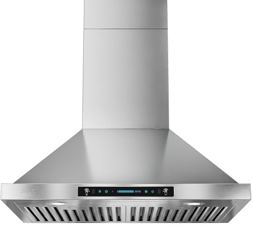 IKTCH 30-inch Wall Mount Range Hood 900 CFM Ducted/Ductless Convertible, Kitchen Chimney Vent Stainless Steel with Gesture Sensing & Touch Control Switch Panel, 2 Pcs Adjustable Lights(IKP02-30'')