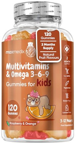 Vitamine Bambini con Omega 3 6 9, 120 Gommose (2 Mesi), 12 Vitamine con Zinco e Inositolo, Multivitaminico Bambini, Gusto di Lampone e Arancia, per Vegetariani, Adatto dai 3 ai 12 Anni, Senza Glutine
