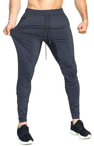 BROKIG Mens Stretch Running Tracksuit Bottoms, Lightweight Gym Trousers Sports Joggers Jogging Pants (Dark Gray,Small)
