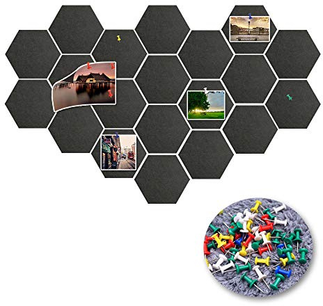 20 Piezas Tablero de Anuncios de Fieltro Hexagonal Autoadhesivo, Corcho Pared Autoadhesivo con 20 Chinchetas para Corcho, Tablero Corcho para Colgar Fotos (Black)