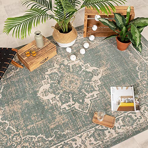 FRAAI | Home & Living Teppich Vintage - Spring Medaillon Grün Creme - Polypropylen - Kurzflor - Vintage - Boho, Orientalisch - Wohnzimmer, Esszimmer, Schlafzimmer - Carpet