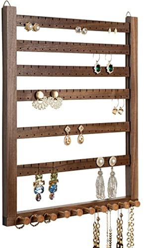 Mymazn Easy Assemble Solid Walnut Wood Earring Wall Holder Hanging Jewelry Organizer Necklace Holder Earring Hanger Wall Mount Jewelry Organizer for Necklaces Rings Scruncies Organization