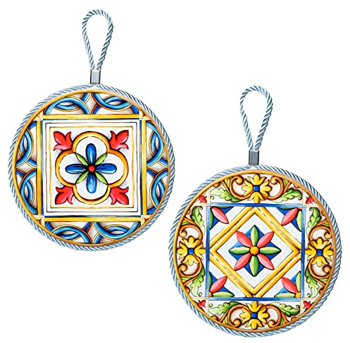 moorg Piatto Ceramica Decorato da Appendere Set da 2, Decorazioni cucina da Appendere con Gancetto, Stile Piastrelle Siciliane Maiolica, Piatti da Parete 16x 16 cm con Retro in Sughero