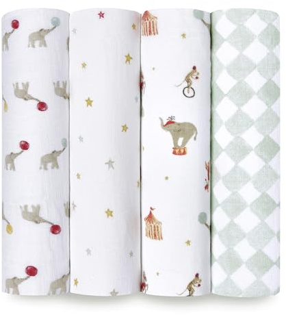 Aden + Anais Essentials Disney Baby Musselin-Wickeldecken, Neugeborene, Decke zum Wickeln, 100% Baumwolle, 4er-Pack, Elefantenzirkus