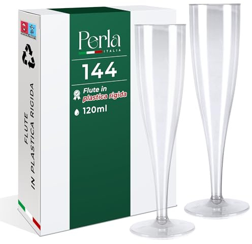 Perla - 144 Flute da Champagne Eleganti in Plastica - 120ml - Calici Trasparenti - Resistenti e Riutilizzabili - Bicchieri da Brindisi per Feste Compleanni Matrimoni Natale Capodanno