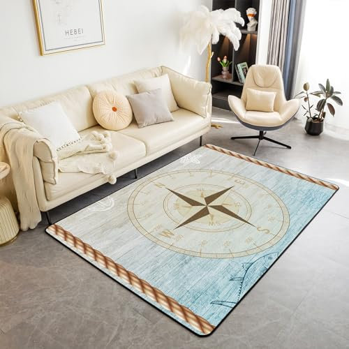 richhome Nautische Kompass Bereich Teppich 100x150,Ozeanfisch Anker Seestern Bodenmatte für Nachttisch Sofa, Holz Blau Rutsch Teppich für Wohnzimmer