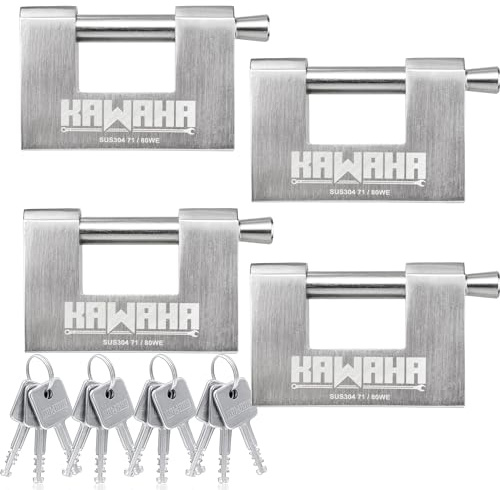 KAWAHA 71/80-4PS Stainless Steel D Shape Padlock with Stainless Steel Keys for Garage Door, Container, Shed, Locker and Warehouse (3.5 Keyed Alike 4 Pack)