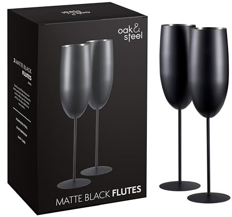 Oak & Steel – 2 Schwarze Matte Champagnerflöten, 280 ml, Edelstahl, schwarz, matt, Sektgläser Proseccogläser mit Geschenkbox