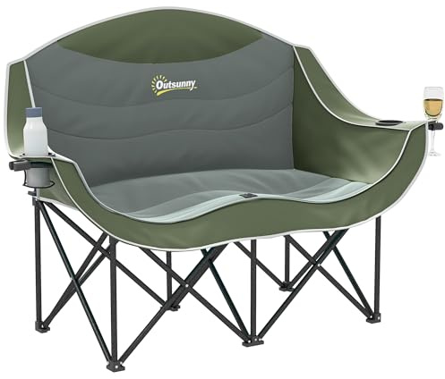 Outsunny Double Camping Chair for Adults with Armrests, Heavy Duty Oversized Padded Folding Chair with Carry Bag, Cup Holders for Outdoor Hiking Picnic Camping Fishing, 250kg Capacity, Green