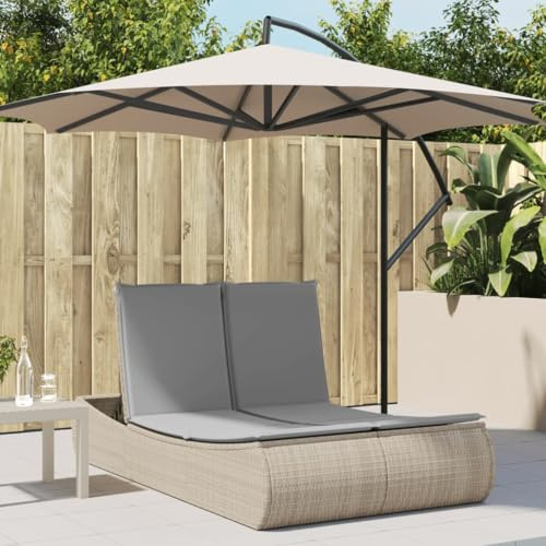 IKAYAA Cama Exterior Jardin, Cama Balinesa, Tumbona Doble Regulable y Respaldo Reclinable, Tumbonas Dobles, Beige y Gris