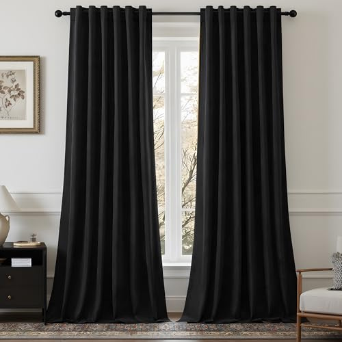 AUSSPVOCT 90 Inch Black Velvet Curtains for Bedroom, Thermal Insulated Light Reducing Blackout Drapes, Back Tab & Rod Pocket Super Soft Luxury Soundproof Curtain for Living Room, W52 x L90, 2 Panels