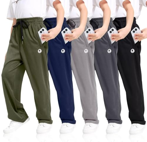 OCYMA 5 Pack Boys Joggers Bottoms, Boys Tracksuit Bottoms with Zip Pockets, Athletic Mesh Joggers Kids Sweatpants for Boys 5-24