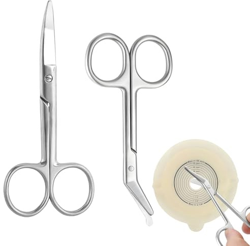 Stoma sax set om 2 – böjd och trubbig förbandssax av rostfritt stål – 10 cm medicinsk sax för stomapåse, plåster och bandage – perfekt för stoma-vård och sjukhus – silver