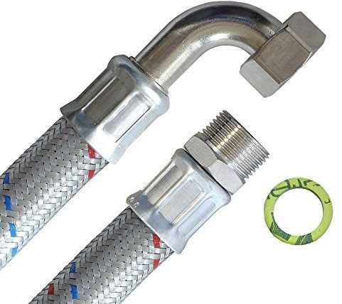 H2O-Flex® Panzerschlauch DN19, Flexschlauch, 3/4 Außengewinde und 3/4 Überwurfmutter mit Bogen für Hauswasserwerk, Solar, Heizung