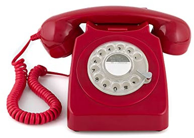 GPO 746 Teléfono fijo de disco con estilo retro de los años 70 - Cable en espiral, Timbre tradicional auténtico - Rojo