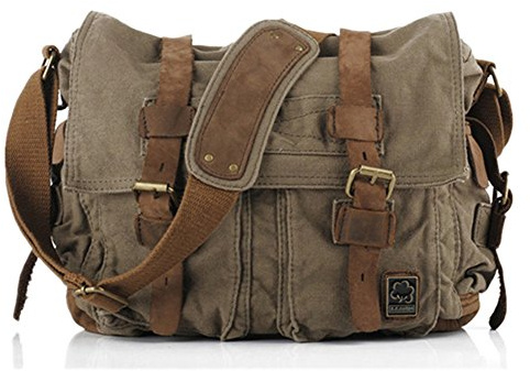 Sechunk Vintage Militär Leder Canvas Umhängetasche Laptop Tasche Retro Messenger Taschen (Armee Grün, small-13‘’)