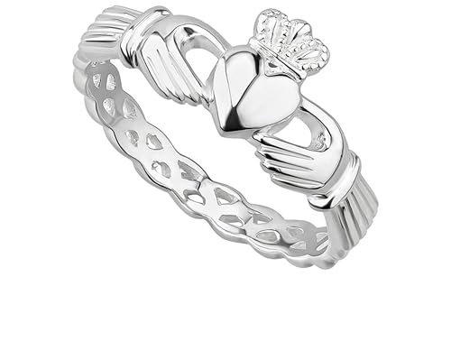 Biddy Murphy Made in Ireland Irish Claddagh Ring for Women 925 Sterling Silver with Braided Band, Traditional Friendship Ring, Love, Marriage, Engagement, Size 7.5