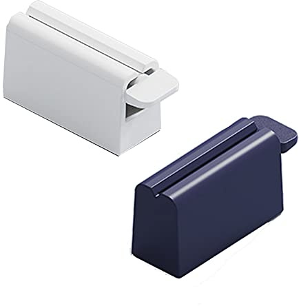 ISKYBOB Set of 2 Rolling Tube Toothpaste Squeezer Dispenser Toothpaste Seat Holder Stands, White+Navy Blue