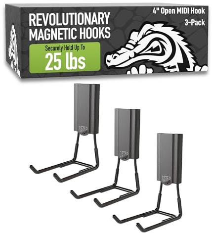 GATOR MAGNETICS MIDI 4 in Open Hooks, 25 lb Heavy Duty Magnetic Hooks for Steel Surfaces, Patented Easy-Release, Non-Slip Grip – Storage & Organization, Garage, Shed, Home, Cleaning Tools - 3 Pack