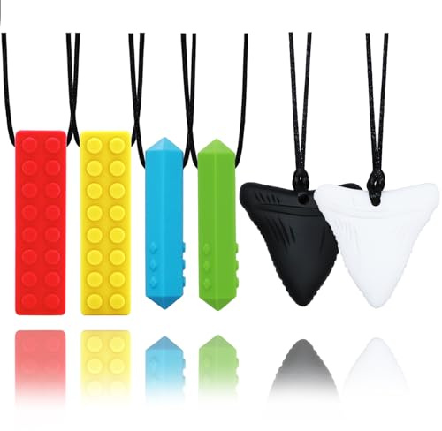Chewy Necklaces for Sensory Kids, 6 Pack Chew Necklaces for Sensory Boys and Girls with Autism, ADHD, SPD, Chewing, Biting, Silicone Oral Sensory Chew Teething Toys for Adults Reduce Anxiety Fidget