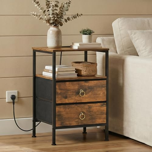 HOOBRO Bedside Table with Charging Station, Side Table with 2 USB Ports and Outlet, End Tables with 2 Fabric Drawers, Nightstand for Small Spaces, Rustic Brown and Black EBF110KBZ01