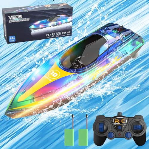 OBEST Remote Control Boat 2.4GHz RC Boat 20KM/H High Speed RC Racing with LED Lights 2 Batteries Long Endurance, Swimming Pools/Lakes/Ponds Toys Gifts for Adults and Kids