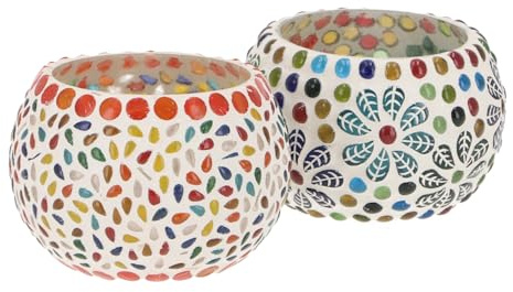 GURU SHOP 2 Handgearbeitete Glas Mosaik Windlichter, Romantisches Windlicht, Mosaik Teelicht, Vintage Teelichthalter - Set 2, 6x9x9 cm