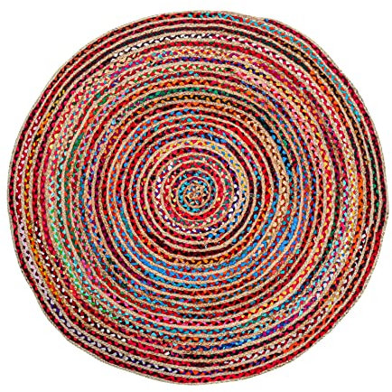 KRISTALLO Bunter runder Teppich, 91 cm, Jute-Chindi-Teppich, geflochten, Boho-Teppich, kleine runde Teppiche für Wohnzimmer, lebendiger 90 cm runder Teppich, handgewebt, kleiner runder Teppich, 91 cm