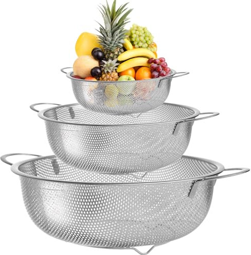 Pofgwjz 3pcs Scolapasta Acciaio Inox, Microforato Scolapasta con Manico, Colapasta Scola Pasta Lavabile in Lavastoviglie (16/22/28cm), per Pasta, Frutta, Verdura